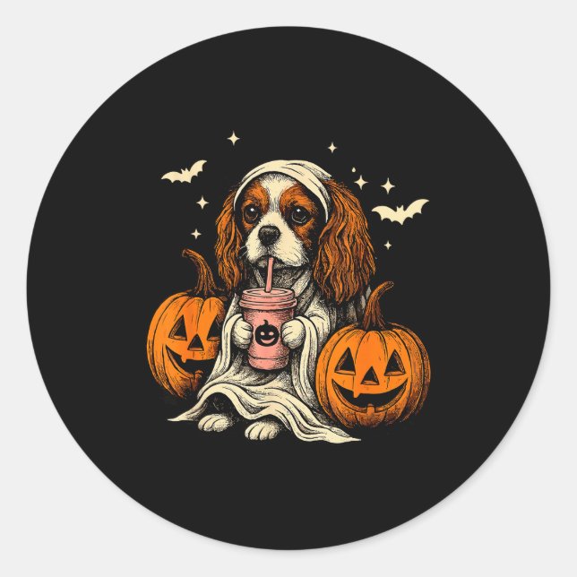 Cavalier King Charles Spaniel Ghost Halloween Cava Classic Round Sticker (Front)
