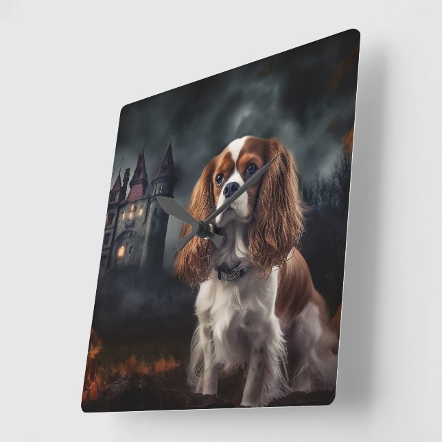 Cavalier King Charles Spaniel Halloween Scary Square Wall Clock (Angle)