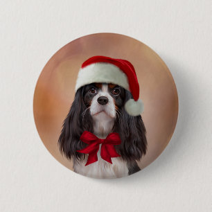 Cavalier King Charles Spaniel in red hat of Santa 6 Cm Round Badge