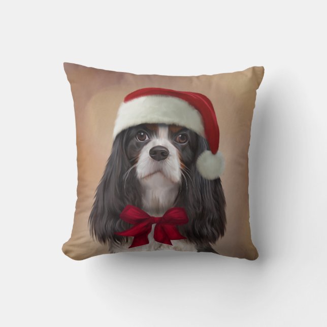 Cavalier King Charles Spaniel in red hat of Santa Cushion (Front)
