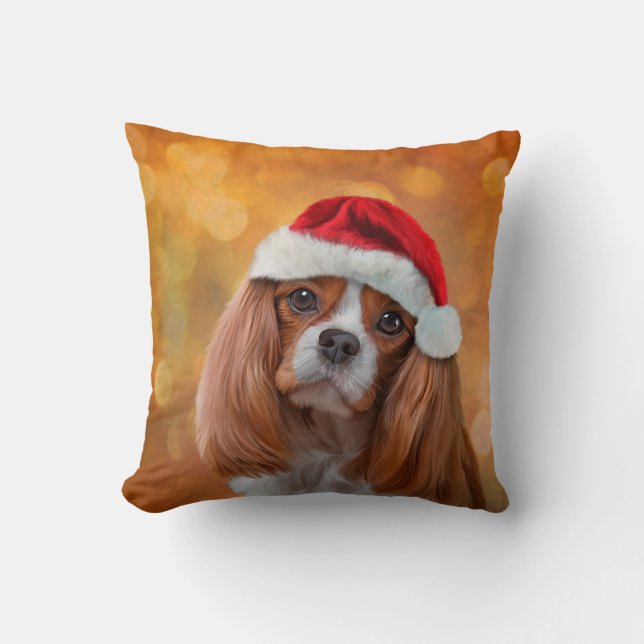 Cavalier King Charles Spaniel in red hat of Santa Cushion (Front)