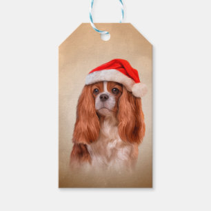 Cavalier King Charles Spaniel in red hat of Santa Gift Tags