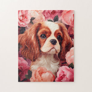 Cavalier King Charles Spaniel in Roses Jigsaw Puzzle