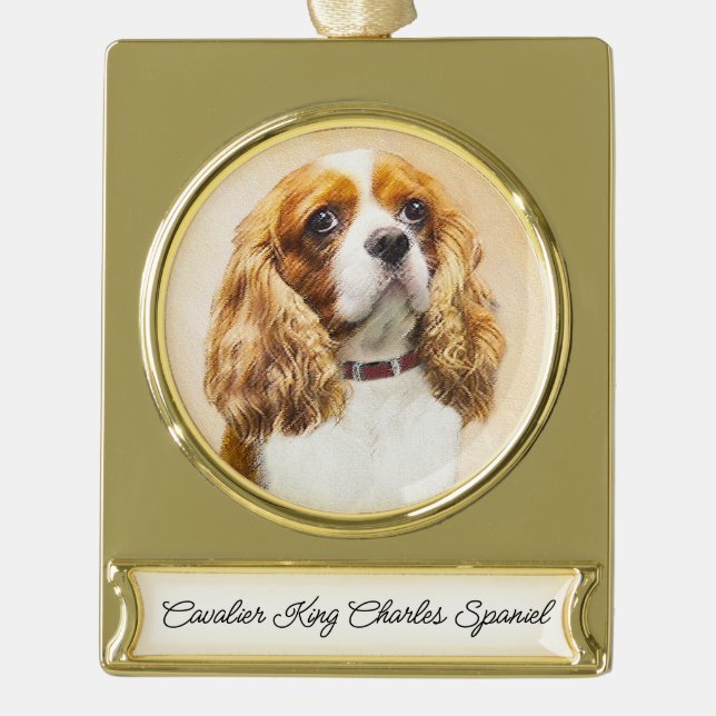 Cavalier King Charles Spaniel Original Painting Gold Plated Banner Ornament (Front)