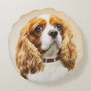 Cavalier King Charles Spaniel Original Painting Round Cushion