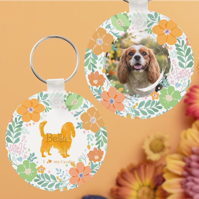Cavalier King Charles Spaniel Pastel Orange Flower Key Ring (Creator Uploaded)