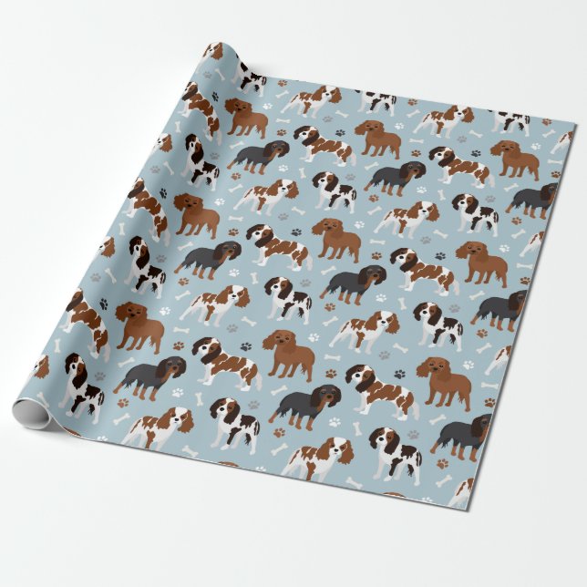 Cavalier King Charles Spaniel Paws and Bones Wrapping Paper (Unrolled)