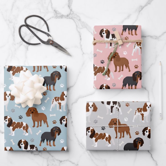 Cavalier King Charles Spaniel Paws and Bones Wrapping Paper Sheet (Front)