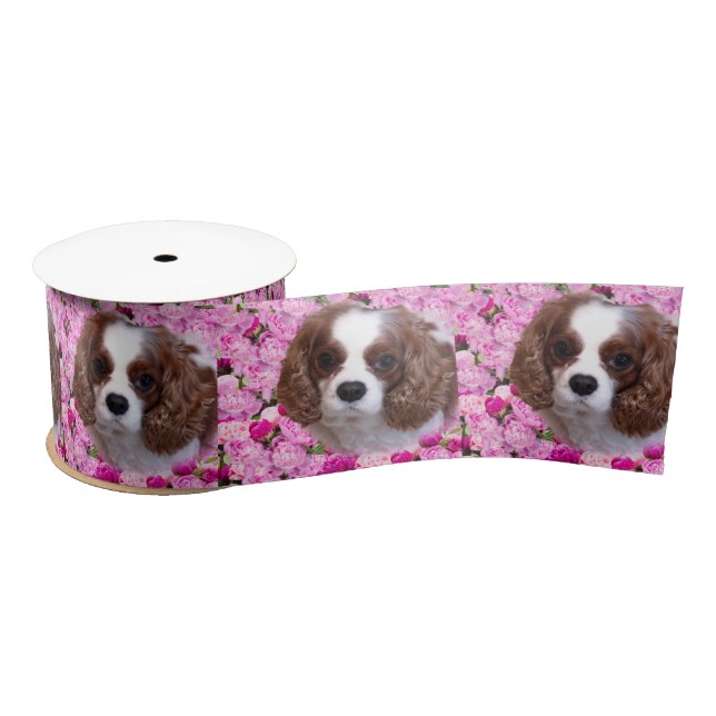Cavalier King Charles Spaniel Peonies Satin Ribbon (Spool)