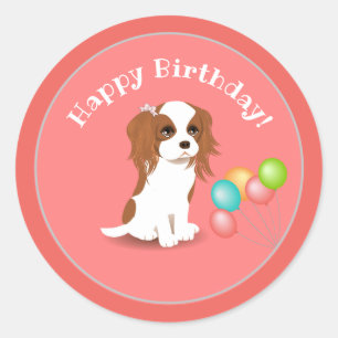 Cavalier King Charles Spaniel Pink Happy Birthday Classic Round Sticker