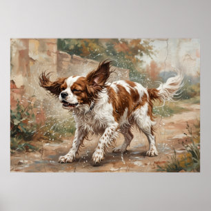 Cavalier King Charles Spaniel Playing in the Garde Poster