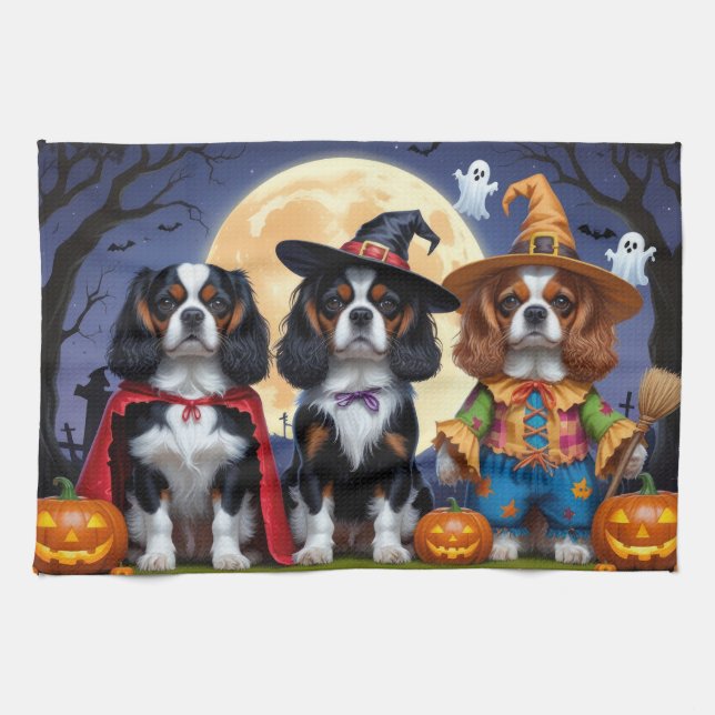 Cavalier King Charles Spaniel  Pumpkin Halloween Tea Towel (Horizontal)