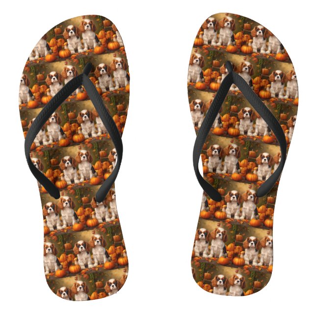 Cavalier King Charles Spaniel Puppy Autumn Pumpkin Flip Flops (Footbed)