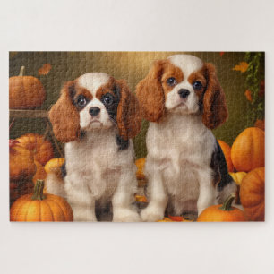 Cavalier King Charles Spaniel Puppy Autumn Pumpkin Jigsaw Puzzle