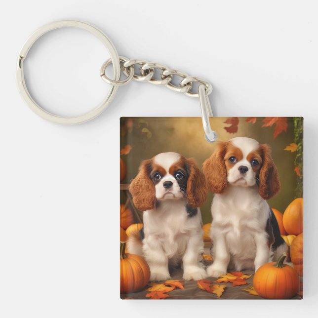 Cavalier King Charles Spaniel Puppy Autumn Pumpkin Key Ring (Front)