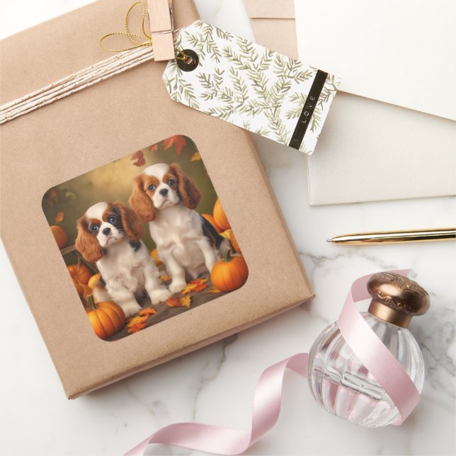 Cavalier King Charles Spaniel Puppy Autumn Pumpkin Square Sticker (Gifting)