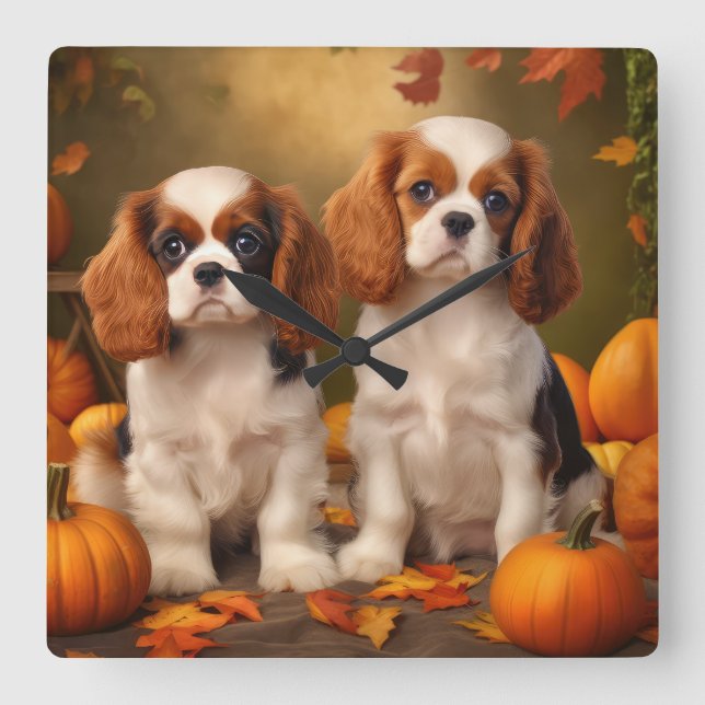 Cavalier King Charles Spaniel Puppy Autumn Pumpkin Square Wall Clock (Front)