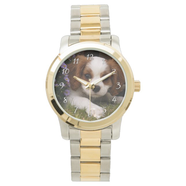 Cavalier King Charles Spaniel Puppy behind flowers Watch (Front)