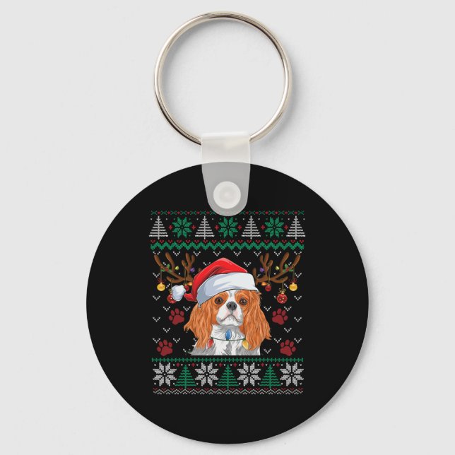 Cavalier King Charles Spaniel Santa Ugly Sweater L Key Ring (Front)