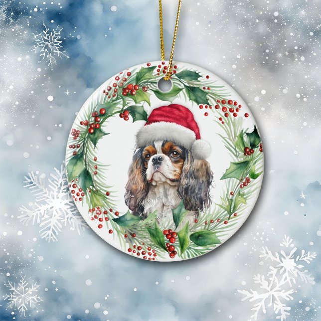 Cavalier King Charles Spaniel Santa Wreath Ceramic Tree Decoration (Creator Uploaded)