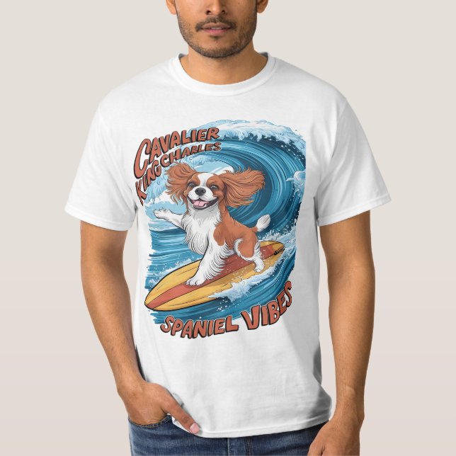 Cavalier King Charles Spaniel Shreds Wave Surfing T-Shirt (Front)