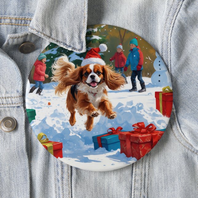Cavalier King Charles Spaniel Snow with Christmas  6 Cm Round Badge (In Situ)
