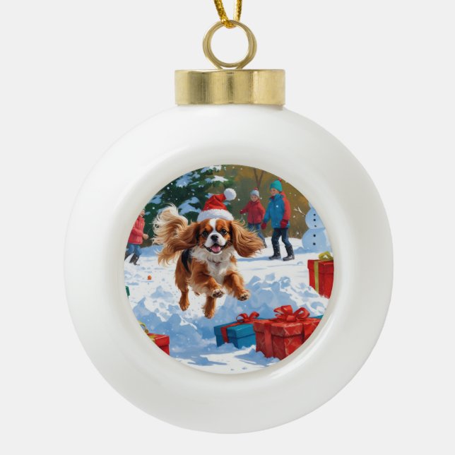 Cavalier King Charles Spaniel Snow with Christmas  Ceramic Ball Christmas Ornament (Front)