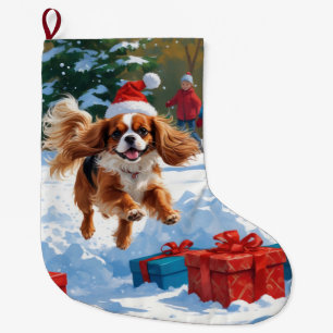 Cavalier King Charles Spaniel Snow with Christmas Large Christmas Stocking