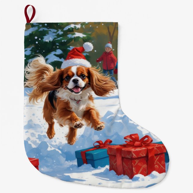 Cavalier King Charles Spaniel Snow with Christmas  Large Christmas Stocking (Front)