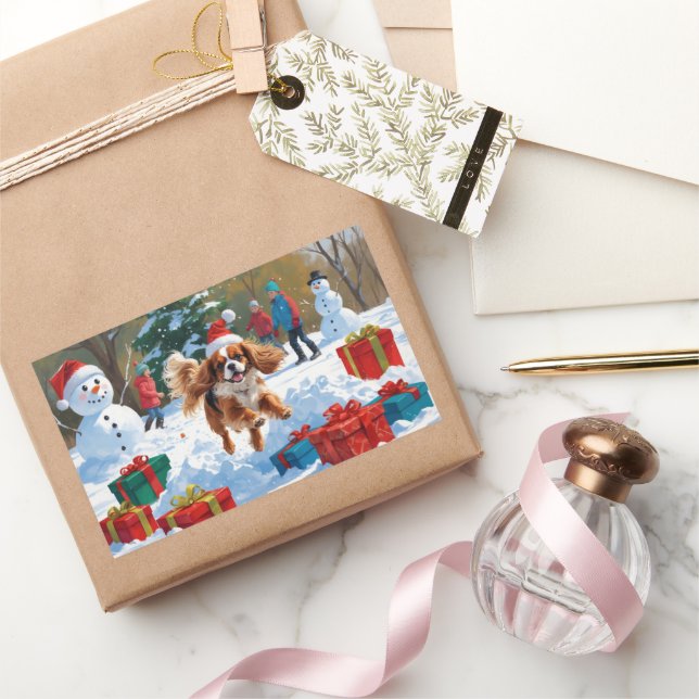 Cavalier King Charles Spaniel Snow with Christmas  Rectangular Sticker (Gifting)