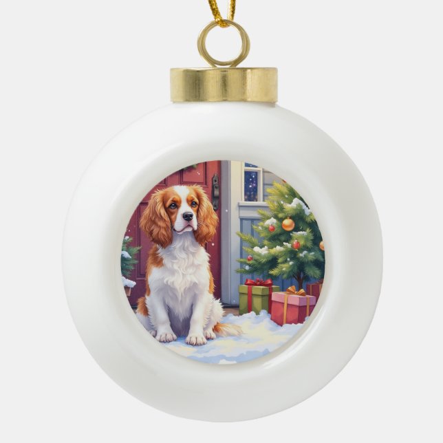 Cavalier King Charles Spaniel Snowy Christmas Ceramic Ball Christmas Ornament (Front)