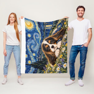 Cavalier King Charles Spaniel Starry Night Floral Fleece Blanket