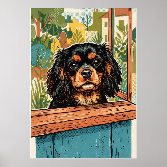 Cavalier King Charles Spaniel Window Vintage Illus Poster (Front)