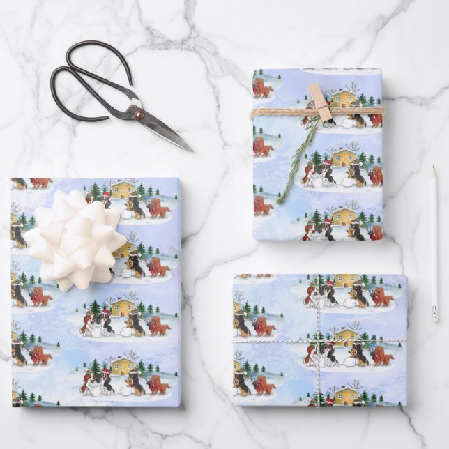 Cavalier King Charles Spaniel Winter Holiday Wrapping Paper Sheet (Front)