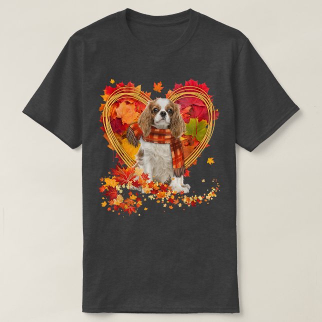 Cavalier King Charles Spaniel With Autumn Leaves  T-Shirt (Design Front)