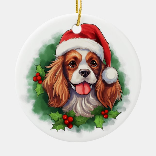 Cavalier King Charles Spaniel Wreath Ceramic Tree Decoration (Front)