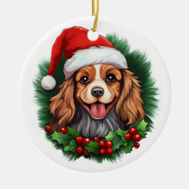 Cavalier King Charles Spaniel Wreath Ceramic Tree Decoration (Front)