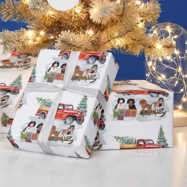 Cavalier King Charles Spaniels Winter Truck  Wrapping Paper (Holidays)