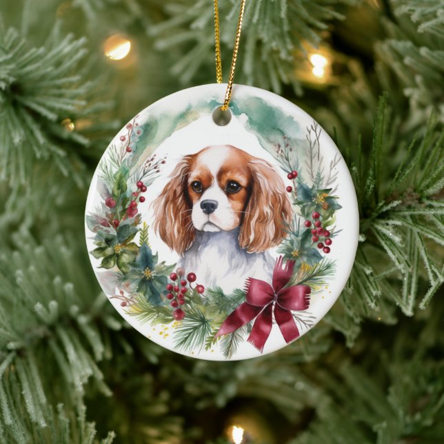 Cavalier King Christmas Wreath Festive Pup  Ceramic Tree Decoration (Tree)