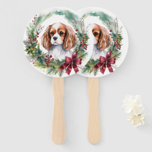 Cavalier King Christmas Wreath Festive Pup  Hand Fan