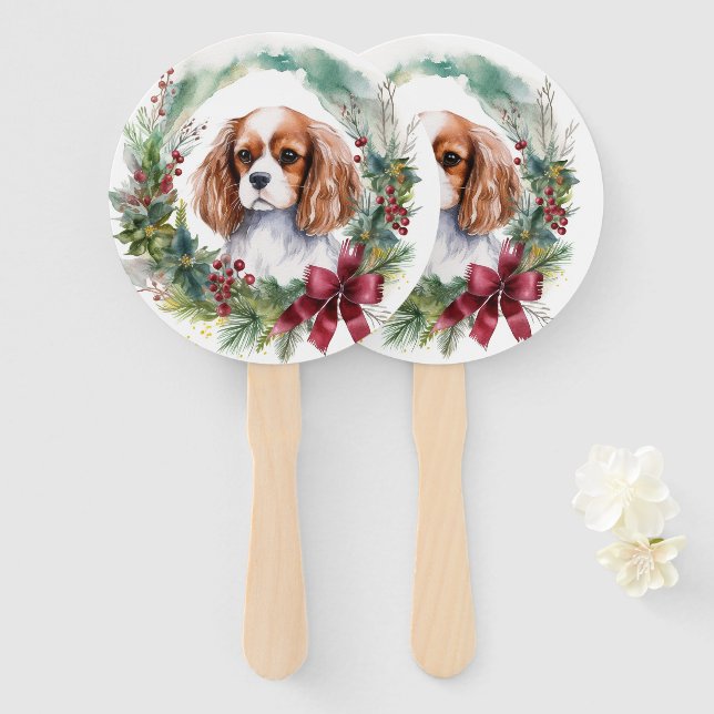 Cavalier King Christmas Wreath Festive Pup  Hand Fan (Front and Back)