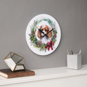 Cavalier King Christmas Wreath Festive Pup  Large Clock