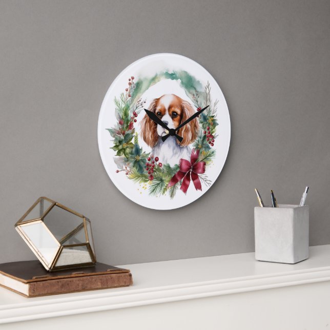 Cavalier King Christmas Wreath Festive Pup  Large Clock (Office)