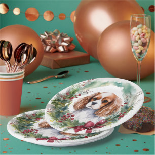 Cavalier King Christmas Wreath Festive Pup  Paper Plate