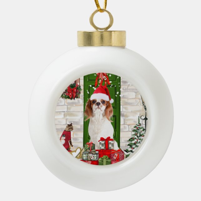 Cavalier King Dog Christmas   Ceramic Ball Christmas Ornament (Front)