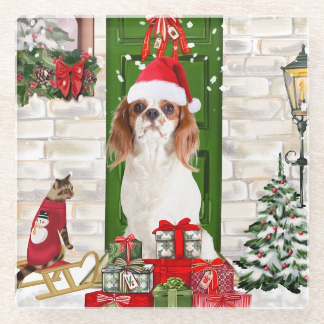 Cavalier King Dog Christmas Glass Coaster (Front)