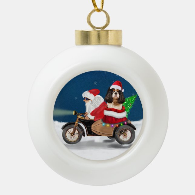 Cavalier King Dog Christmas Santa Claus Ceramic Ball Christmas Ornament (Front)