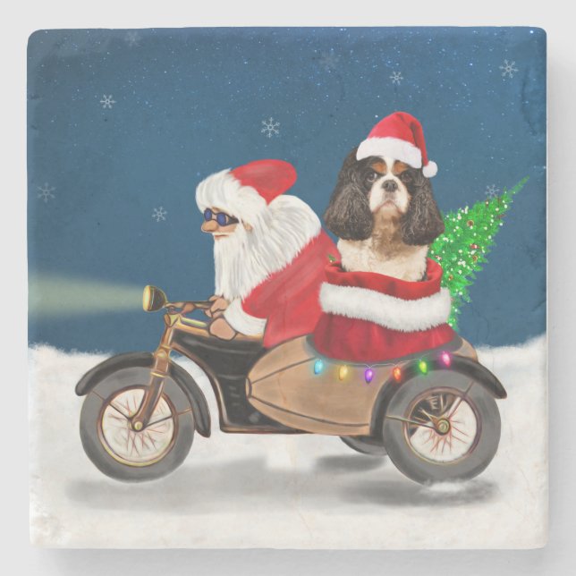 Cavalier King Dog Christmas Santa Claus  Stone Coaster (Front)