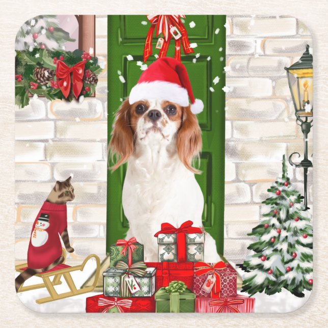 Cavalier King Dog Christmas   Square Paper Coaster (Front)