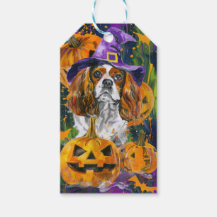 Cavalier King Dog Halloween Witch And Pumpkin Gift Tags